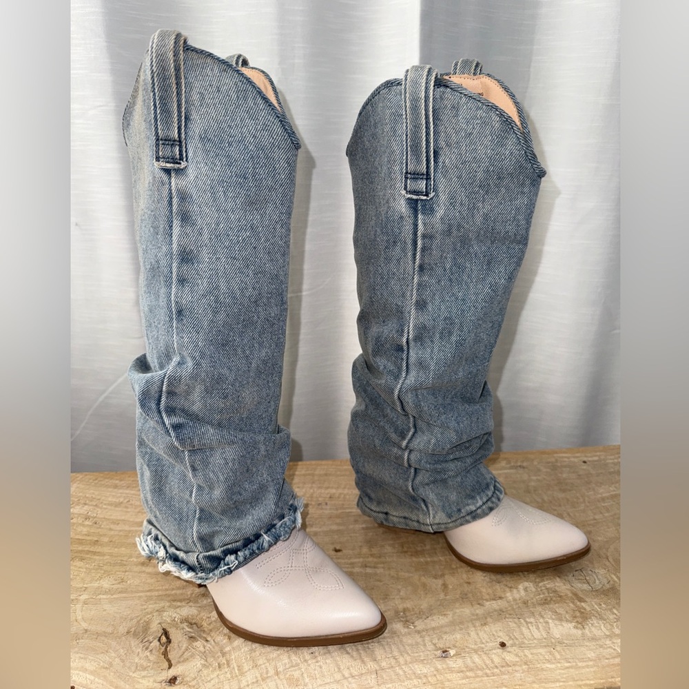 Steve Madden Lassy Denim Cowboy Boot Frayed Hem Western Festival | Size 5M - Picture 8 of 16